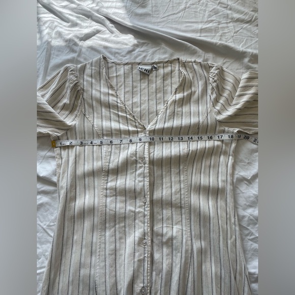ICHI Striped Button Down Maxi Dress Linen Blend Look V-Neck Short Sleeve Neutral - Picture 10 of 15
